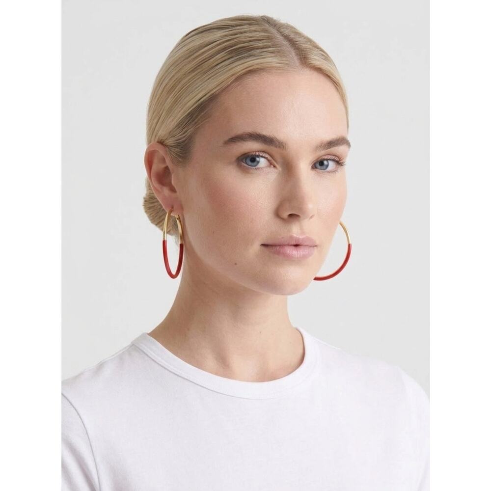 Red Enamel Gold Tone Hoop Earrings Patriotic 4th of July Statement ๐